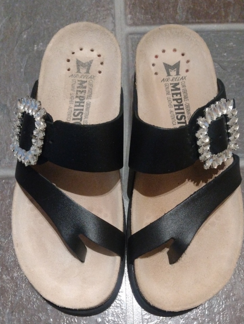 Mephisto Black Leather Sandals with Crystal Buckles Size 37